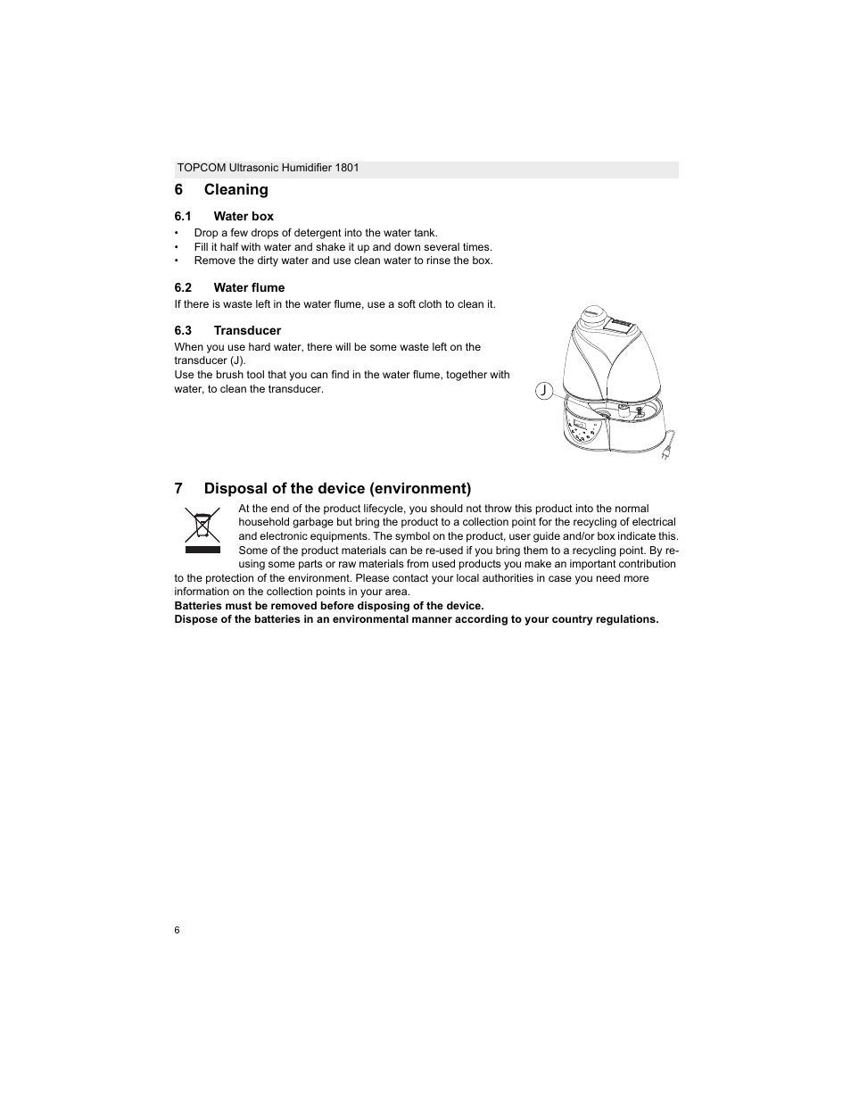 6cleaning, 7disposal of the device (environment) | Topcom ULTRASONIC 1801 User Manual | Page 6 / 80