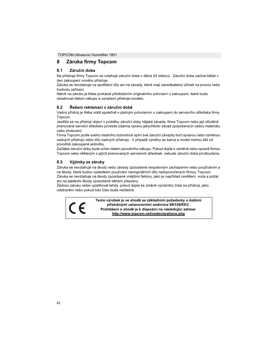 8záruka firmy topcom | Topcom ULTRASONIC 1801 User Manual | Page 62 / 80