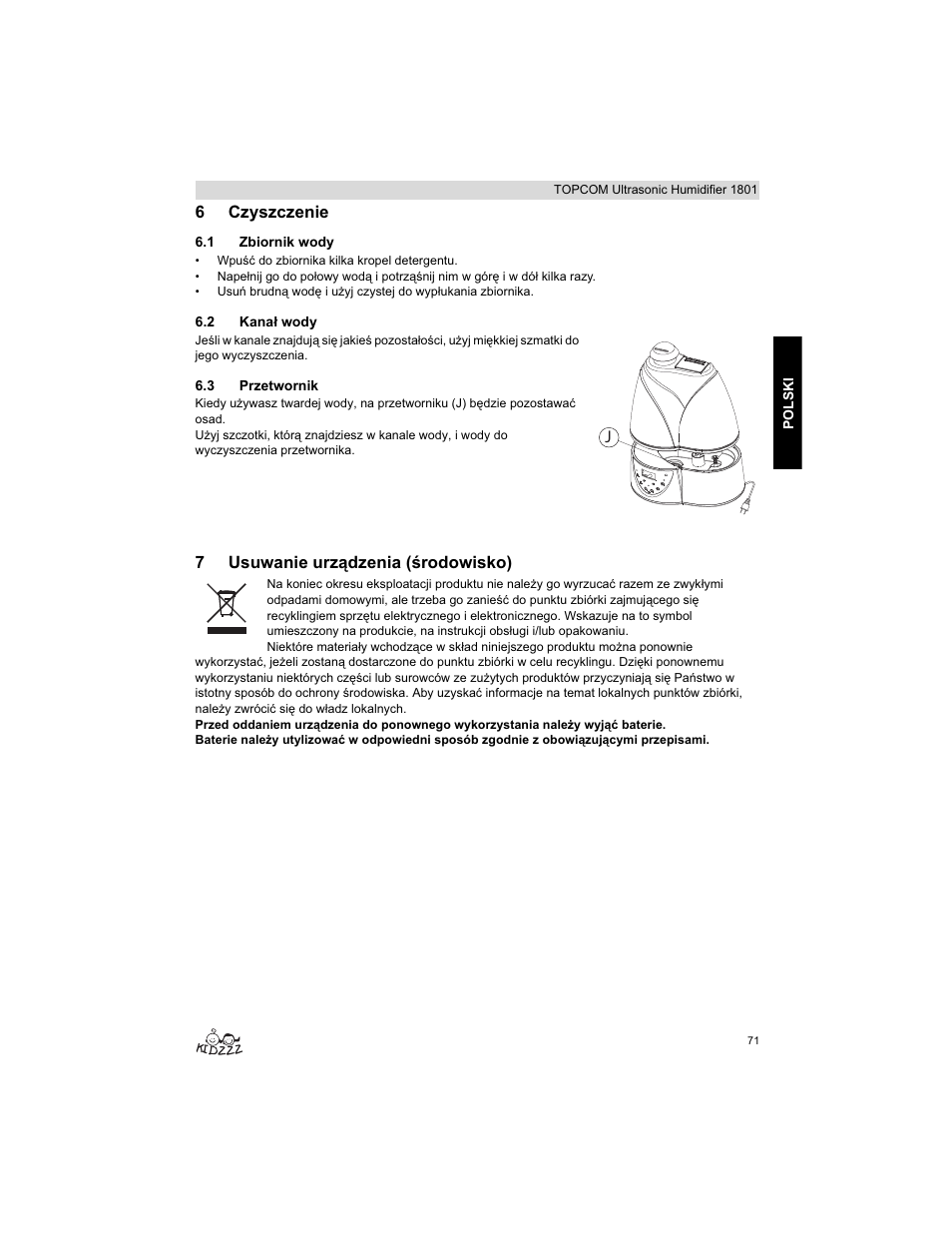 6czyszczenie, 7usuwanie urządzenia (ğrodowisko) | Topcom ULTRASONIC 1801 User Manual | Page 71 / 80