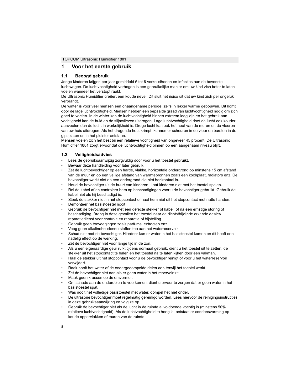 1voor het eerste gebruik | Topcom ULTRASONIC 1801 User Manual | Page 8 / 80