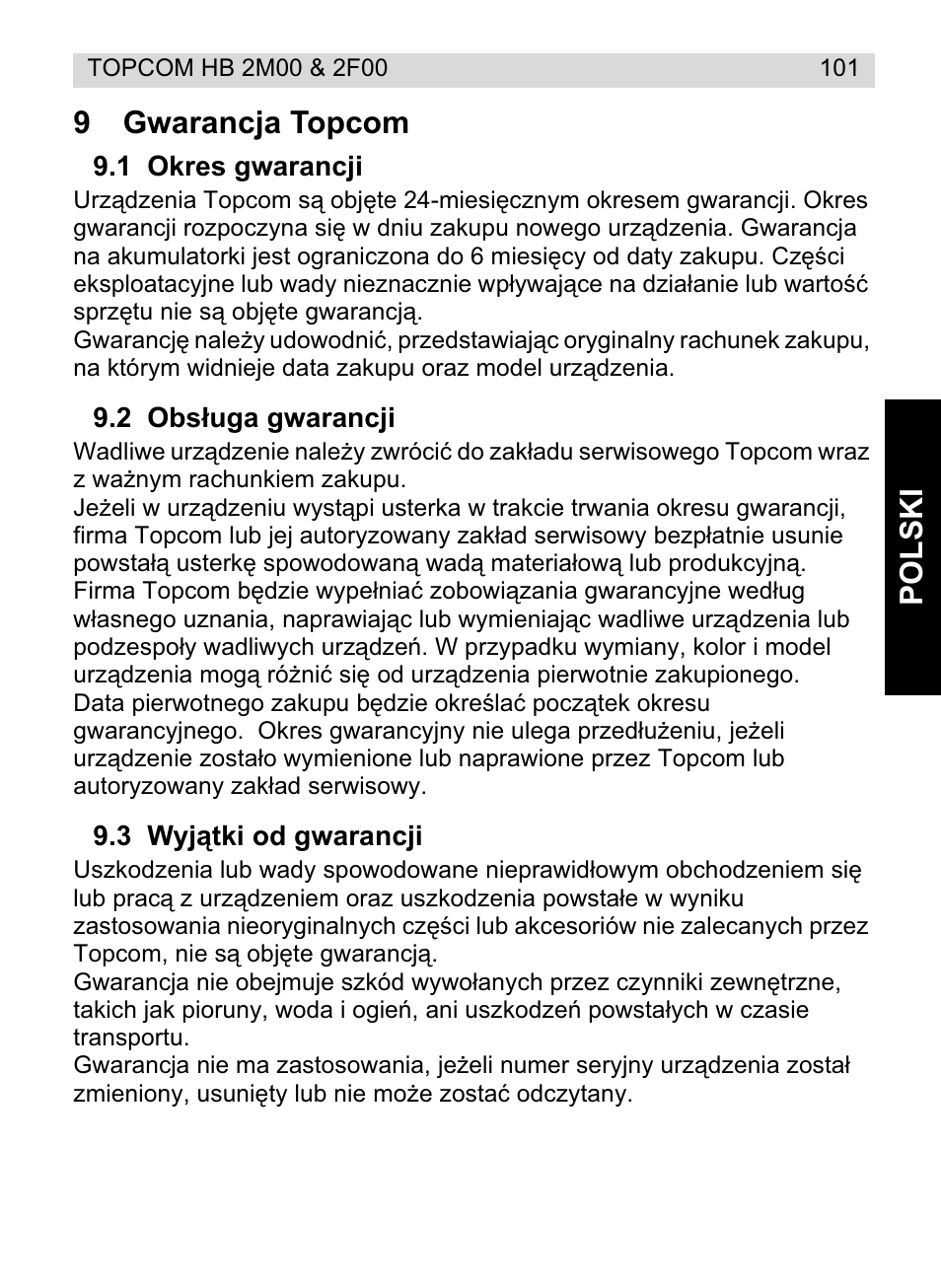 Polski 9 gwarancja topcom | Topcom HB 2M00 User Manual | Page 101 / 128