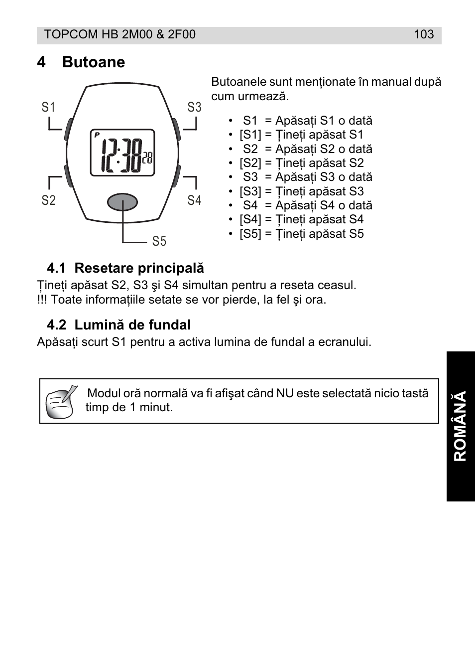 Român ă 4 butoane | Topcom HB 2M00 User Manual | Page 103 / 128