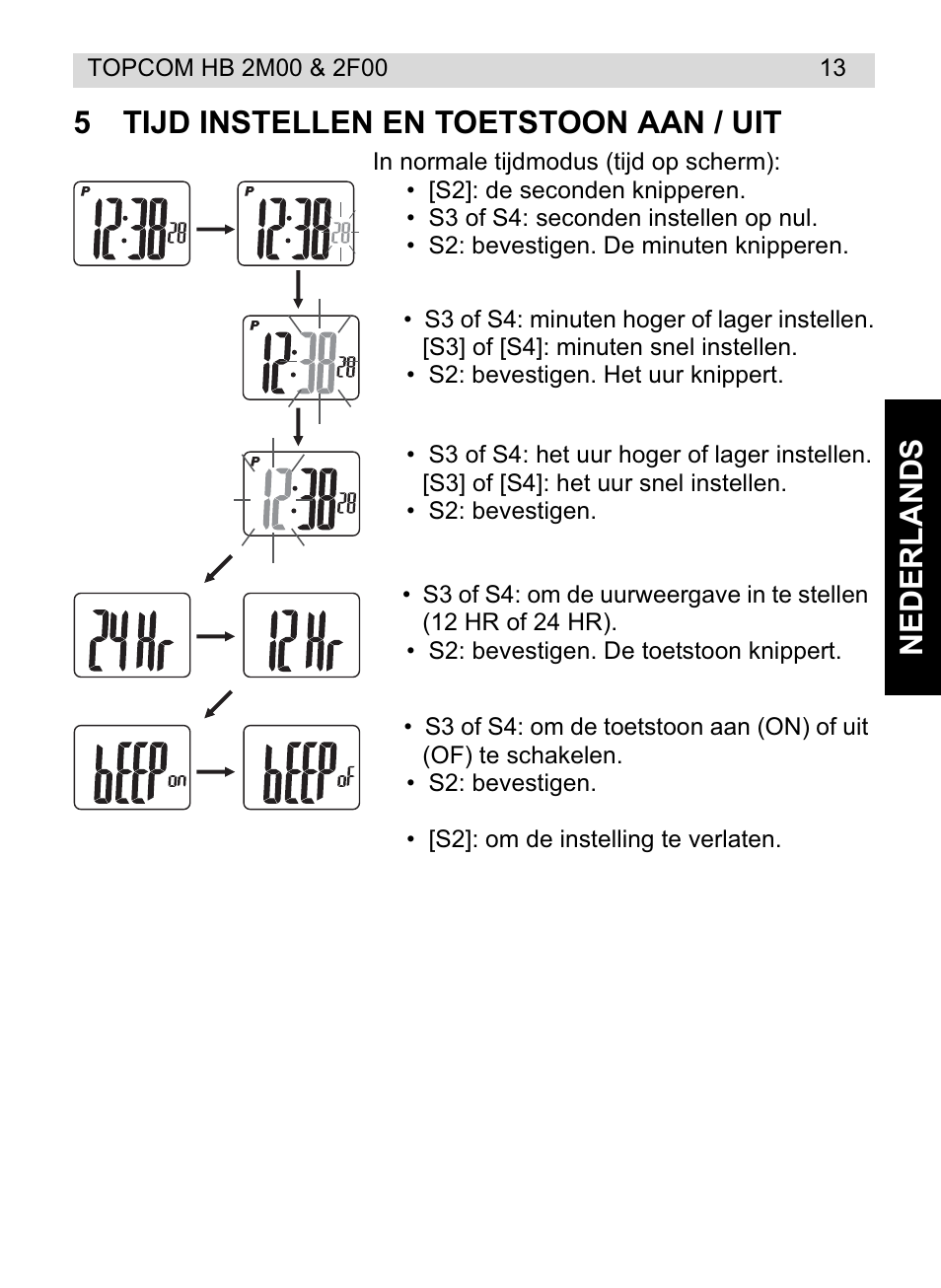 Nederlands 5 tijd instellen en toetstoon aan / uit | Topcom HB 2M00 User Manual | Page 13 / 128