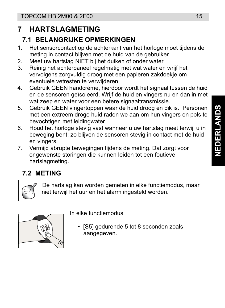 Nederlands 7 hartslagmeting | Topcom HB 2M00 User Manual | Page 15 / 128