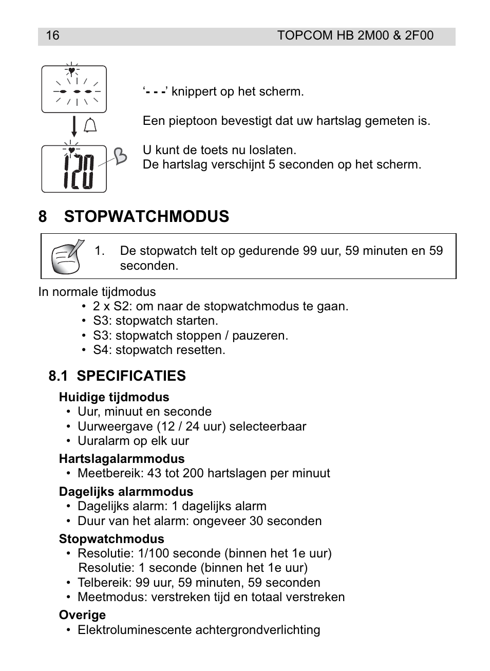 8stopwatchmodus | Topcom HB 2M00 User Manual | Page 16 / 128