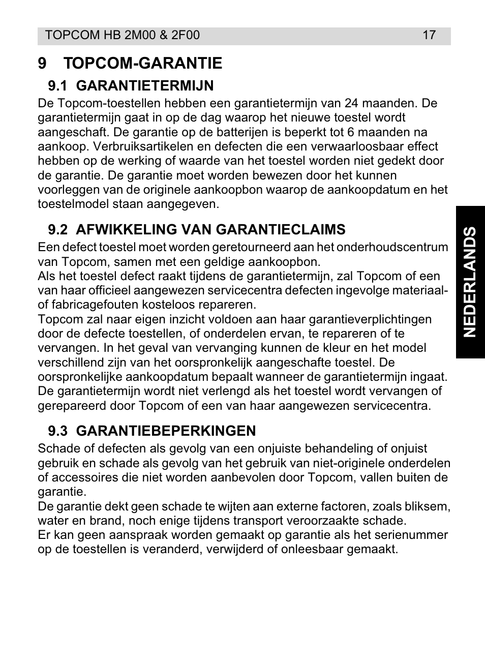 Nederlands 9 topcom-garantie | Topcom HB 2M00 User Manual | Page 17 / 128