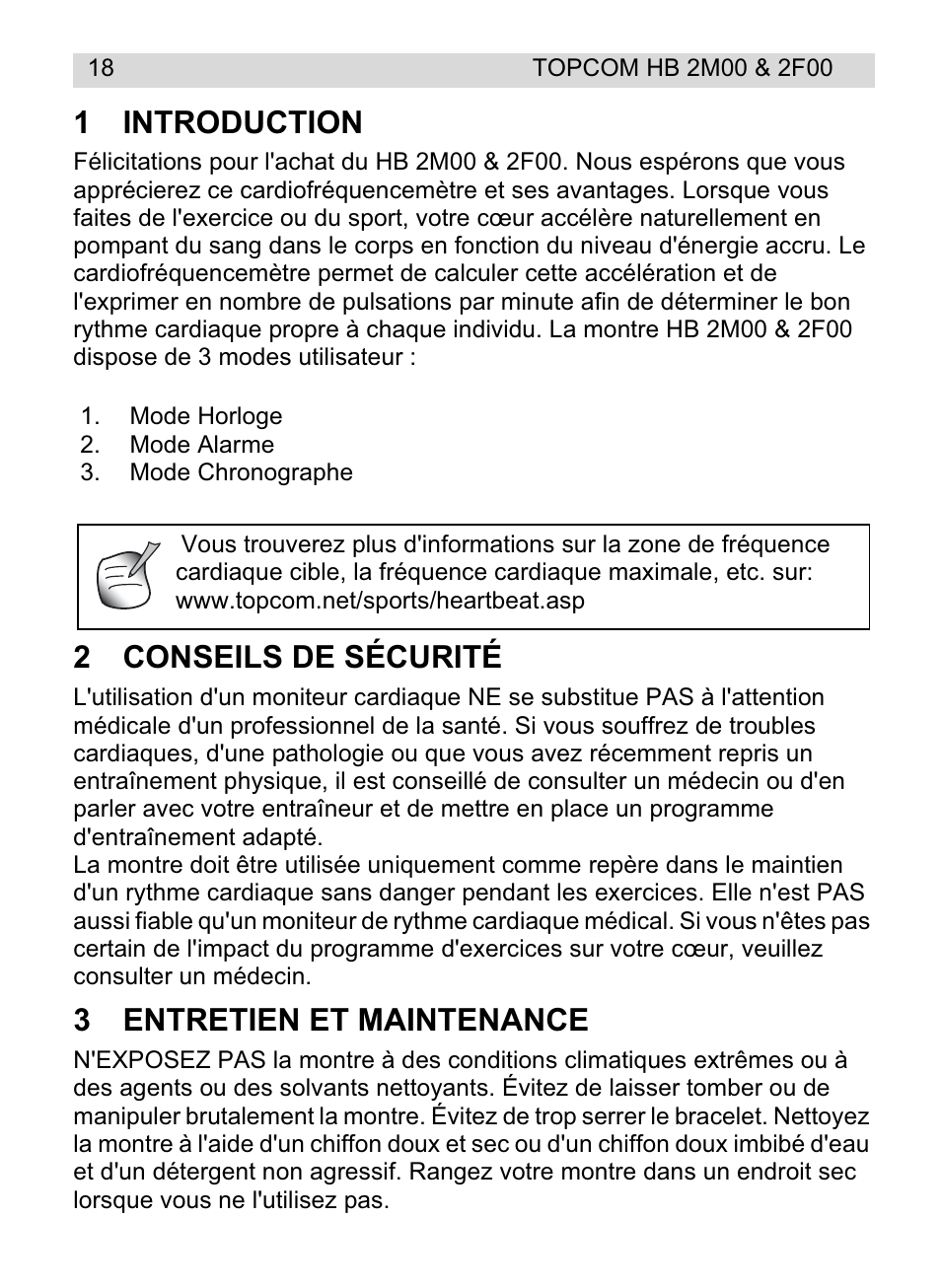 1introduction, 2conseils de sécurité, 3entretien et maintenance | Topcom HB 2M00 User Manual | Page 18 / 128