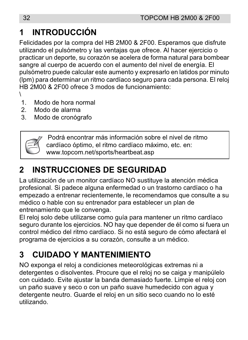 1introducción, 2instrucciones de seguridad, 3cuidado y mantenimiento | Topcom HB 2M00 User Manual | Page 32 / 128