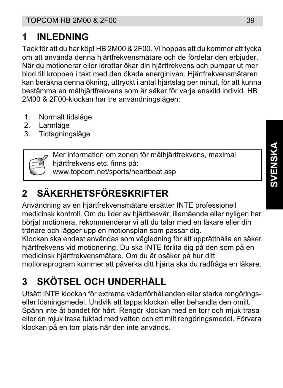 Svenska 1 inledning, 2säkerhetsföreskrifter, 3skötsel och underhåll | Topcom HB 2M00 User Manual | Page 39 / 128