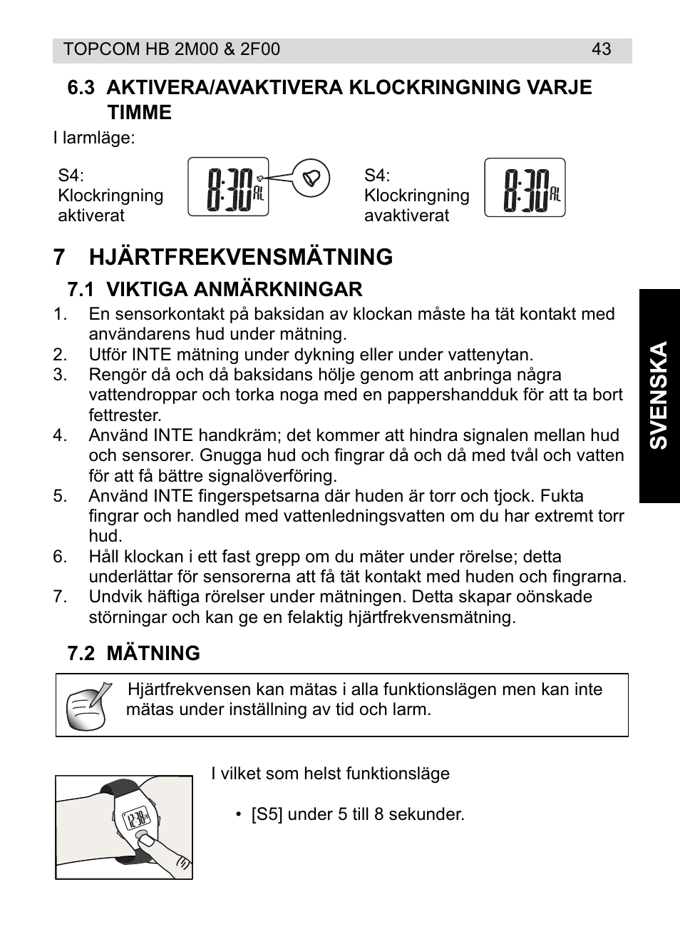 Svenska, 7hjärtfrekvensmätning | Topcom HB 2M00 User Manual | Page 43 / 128