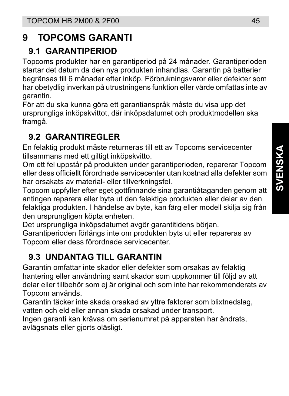 Svenska 9 topcoms garanti | Topcom HB 2M00 User Manual | Page 45 / 128