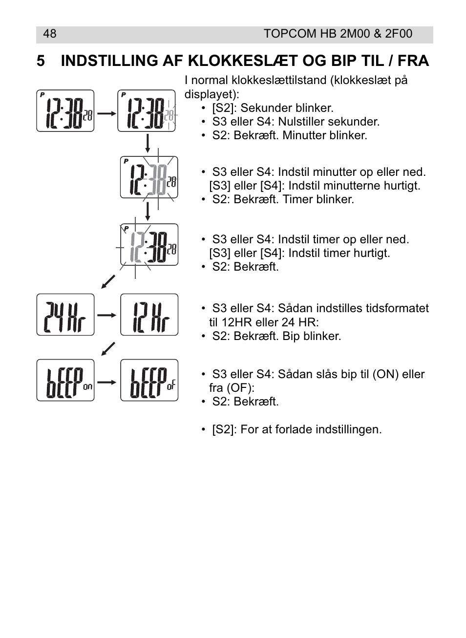 5indstilling af klokkeslæt og bip til / fra | Topcom HB 2M00 User Manual | Page 48 / 128