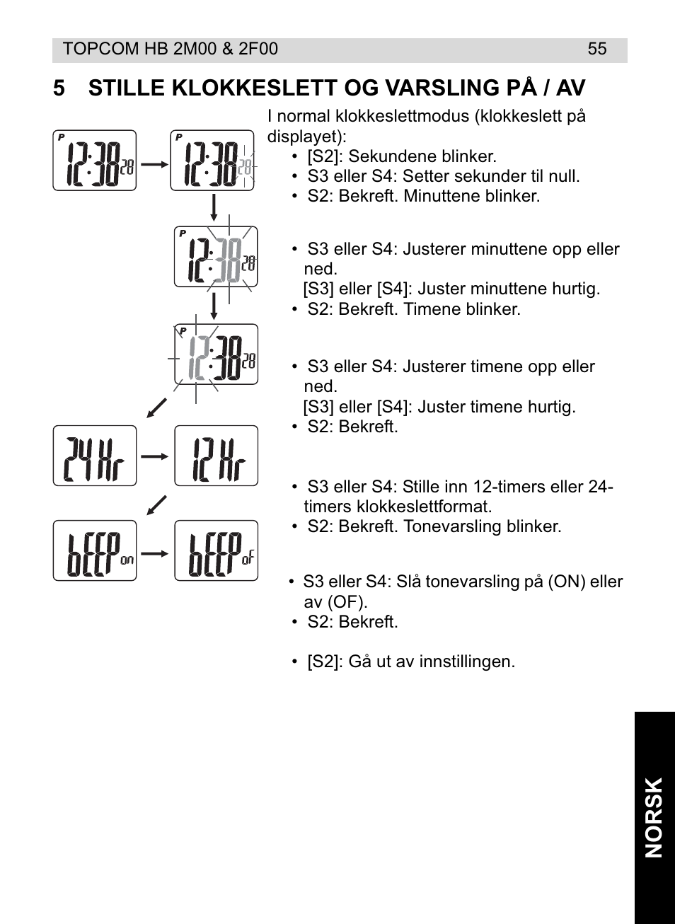 Norsk 5 stille klokkeslett og varsling på / av | Topcom HB 2M00 User Manual | Page 55 / 128