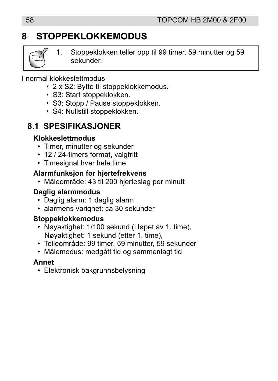 8stoppeklokkemodus | Topcom HB 2M00 User Manual | Page 58 / 128