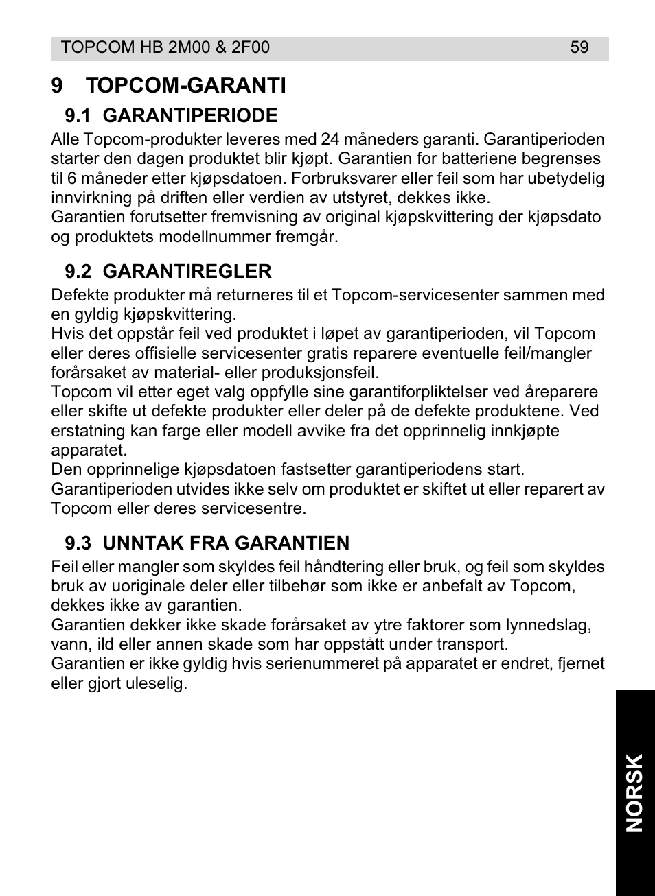 Norsk 9 topcom-garanti | Topcom HB 2M00 User Manual | Page 59 / 128