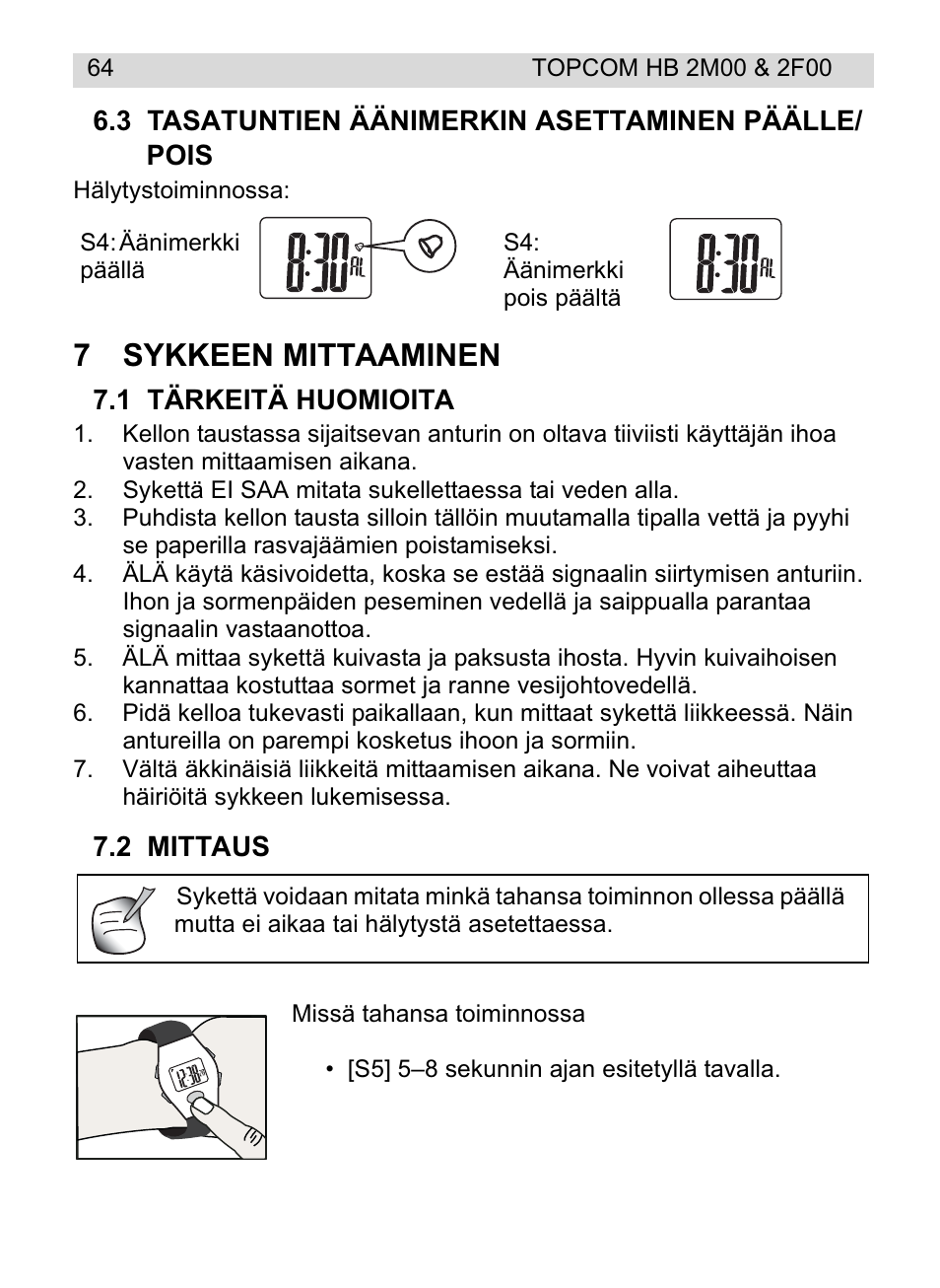 7sykkeen mittaaminen | Topcom HB 2M00 User Manual | Page 64 / 128