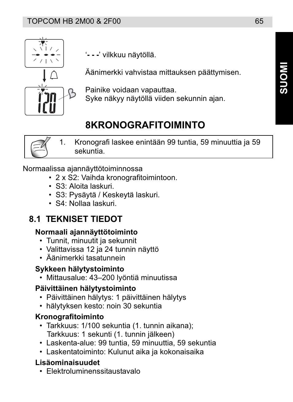 Suom i, 8kronografitoiminto | Topcom HB 2M00 User Manual | Page 65 / 128