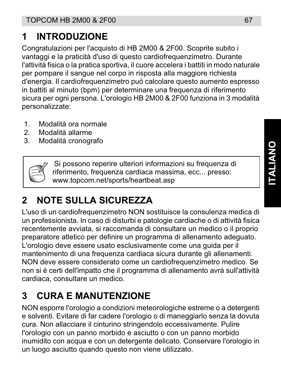 Italiano 1 introduzione, 3cura e manutenzione | Topcom HB 2M00 User Manual | Page 67 / 128