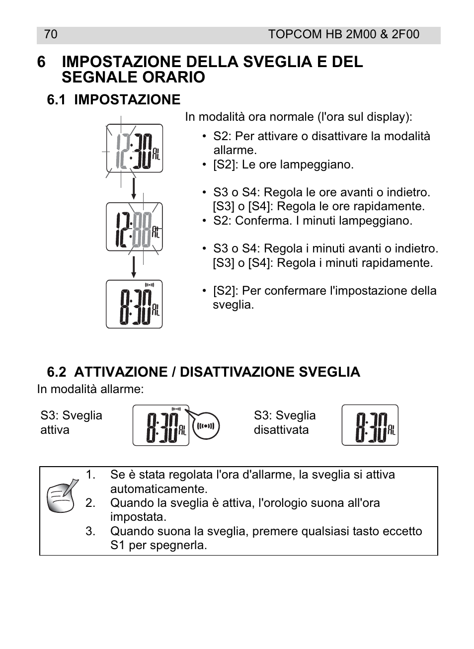 6impostazione della sveglia e del segnale orario | Topcom HB 2M00 User Manual | Page 70 / 128