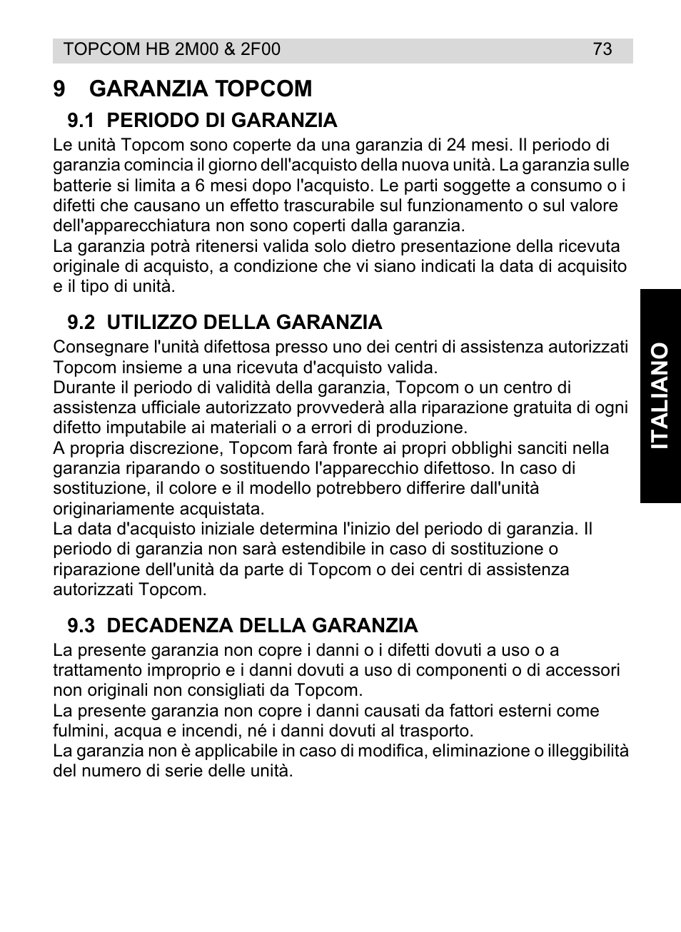 Italiano 9 garanzia topcom | Topcom HB 2M00 User Manual | Page 73 / 128