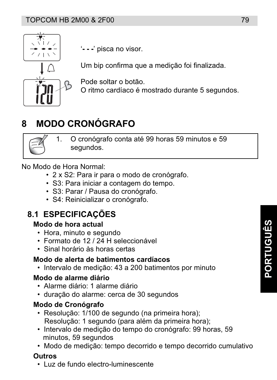 Portu guês, 8modo cronógrafo | Topcom HB 2M00 User Manual | Page 79 / 128