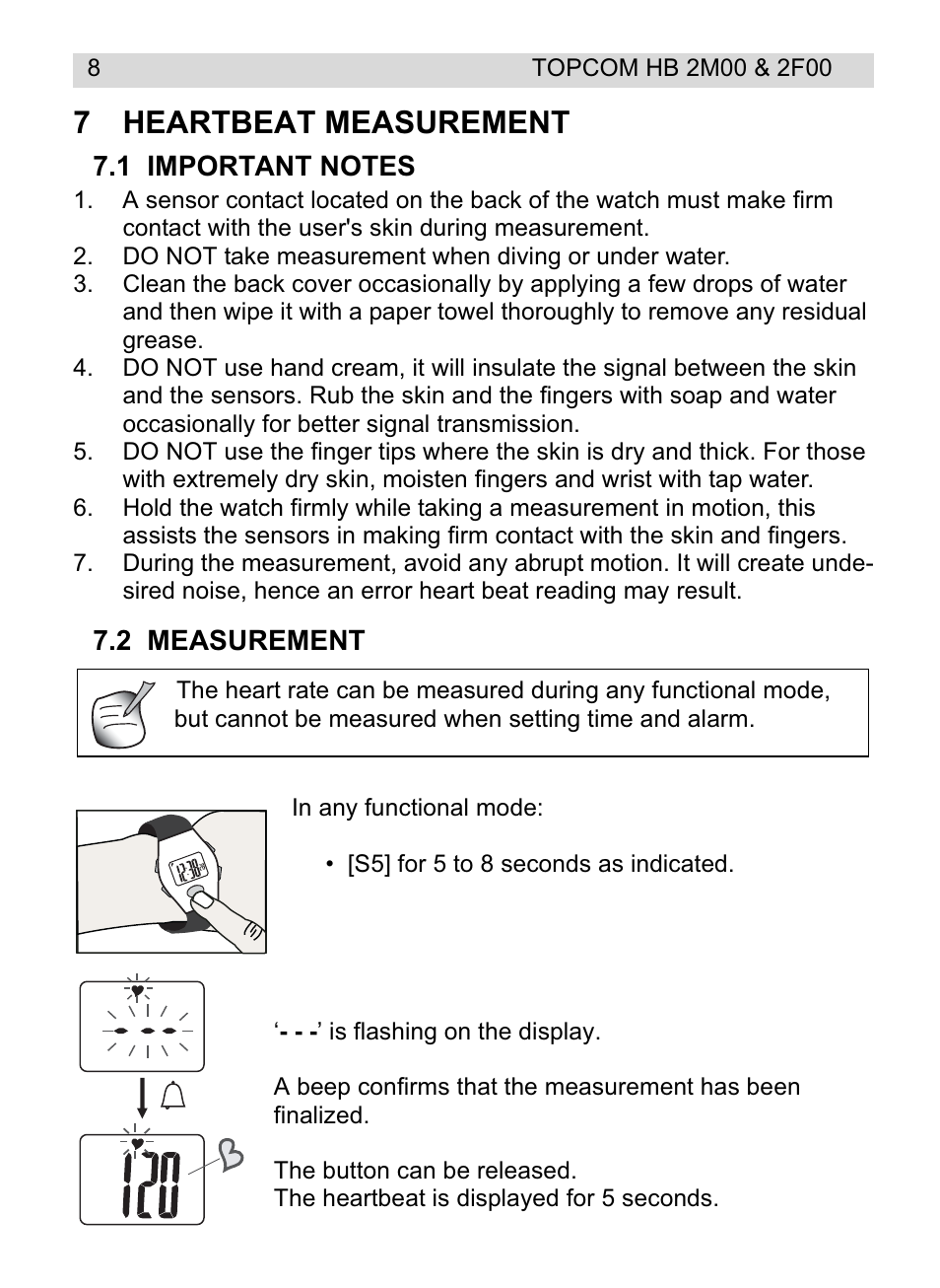 7heartbeat measurement | Topcom HB 2M00 User Manual | Page 8 / 128