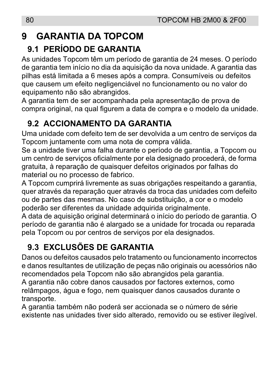 9garantia da topcom | Topcom HB 2M00 User Manual | Page 80 / 128