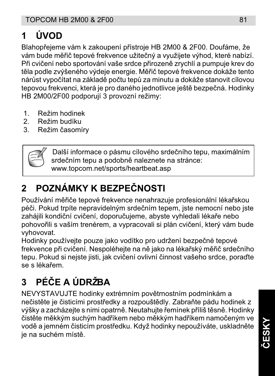 Ýe sk y 1 úvod, 2poznámky k bezpeýnosti, 3péýe a údržba | Topcom HB 2M00 User Manual | Page 81 / 128
