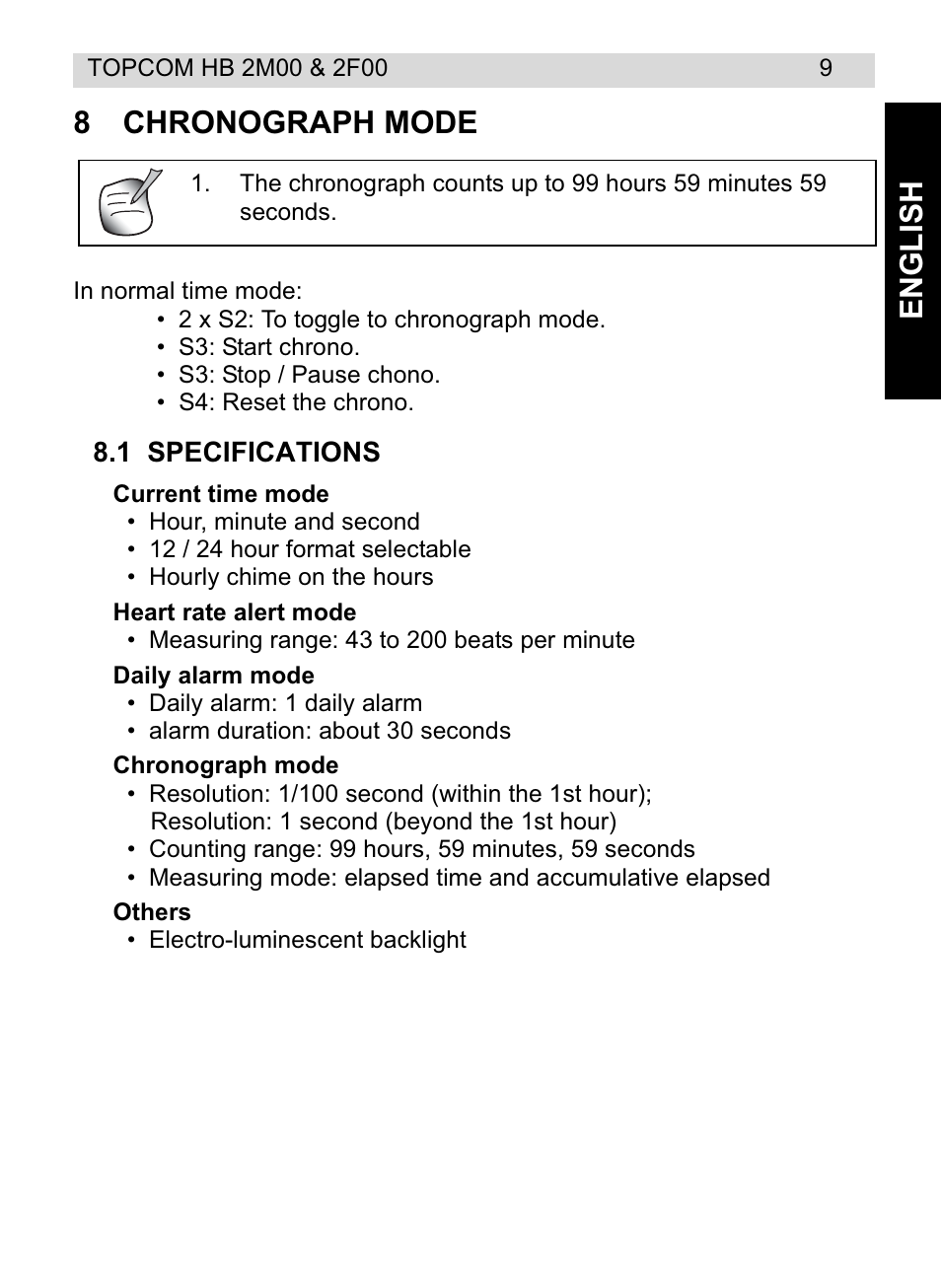 Engl ish 8 chronograph mode | Topcom HB 2M00 User Manual | Page 9 / 128