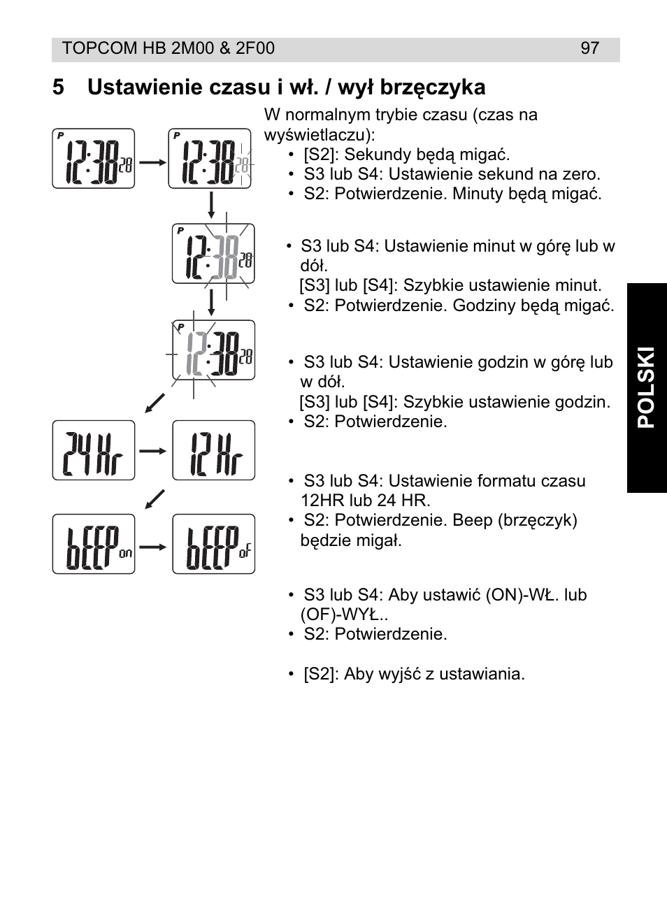 Polski 5 ustawienie czasu i wá. / wyá brzċczyka | Topcom HB 2M00 User Manual | Page 97 / 128