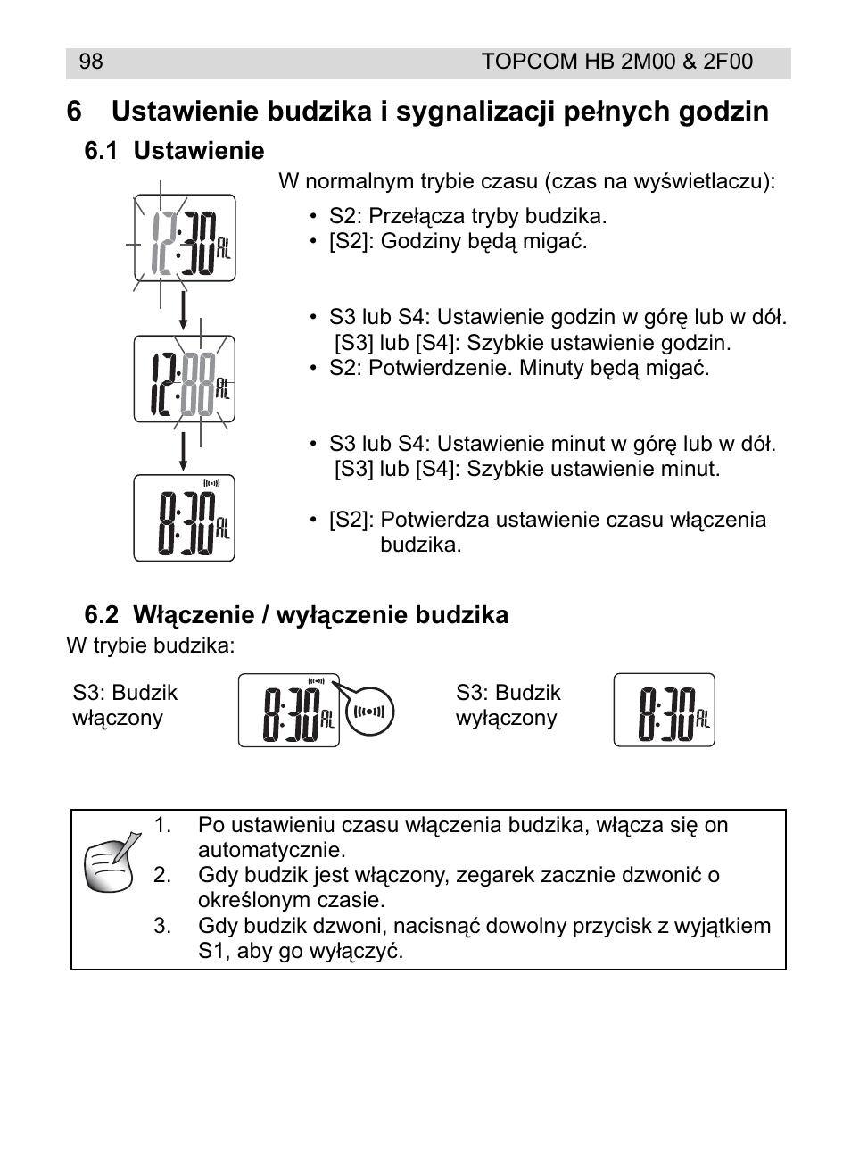 6ustawienie budzika i sygnalizacji peánych godzin | Topcom HB 2M00 User Manual | Page 98 / 128