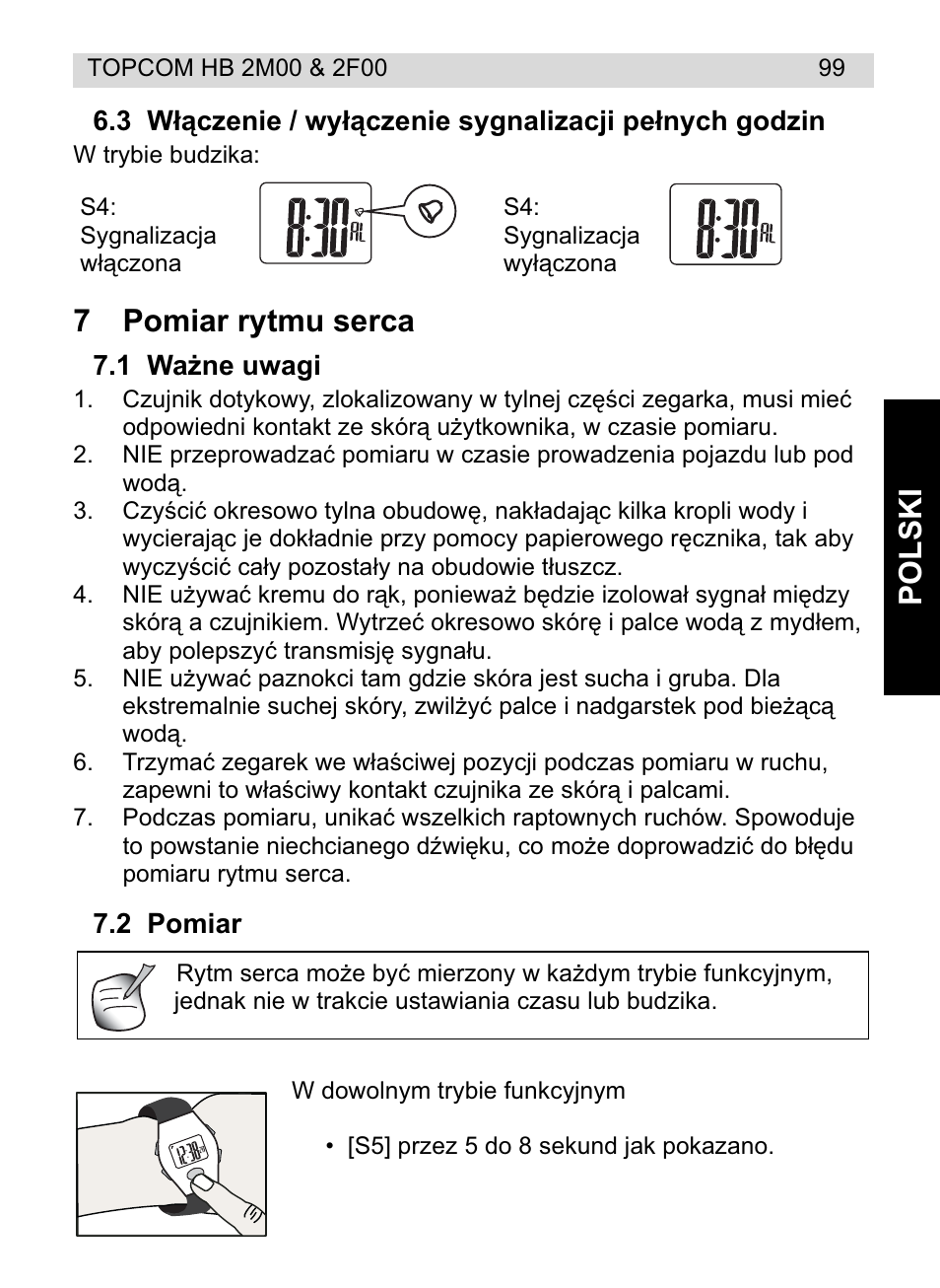 Polski, 7pomiar rytmu serca | Topcom HB 2M00 User Manual | Page 99 / 128