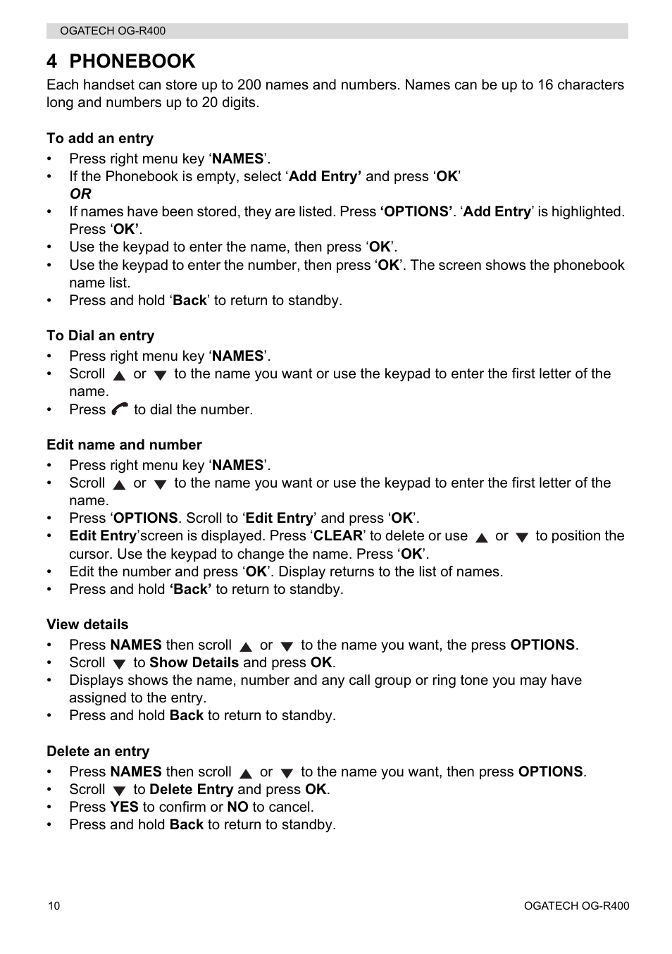 4 phonebook | Topcom OGATECH OG-R400 User Manual | Page 10 / 128