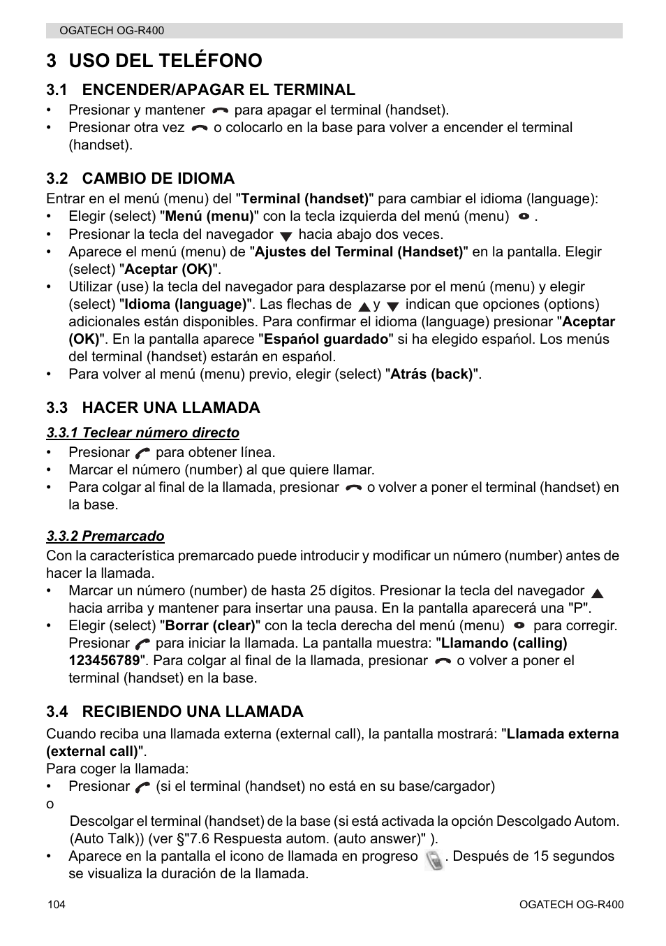 3 uso del teléfono | Topcom OGATECH OG-R400 User Manual | Page 104 / 128