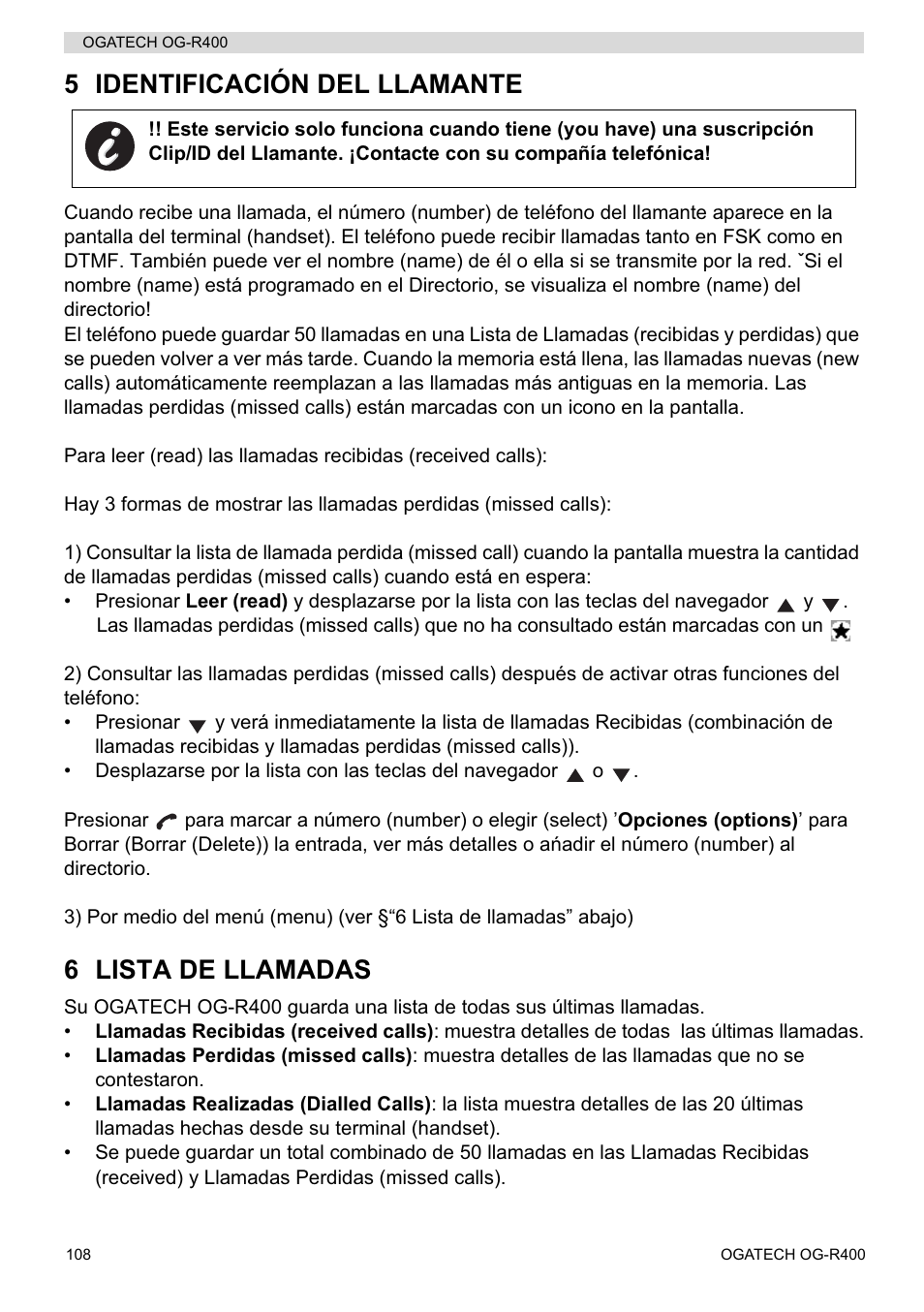 5 identificación del llamante, 6 lista de llamadas | Topcom OGATECH OG-R400 User Manual | Page 108 / 128