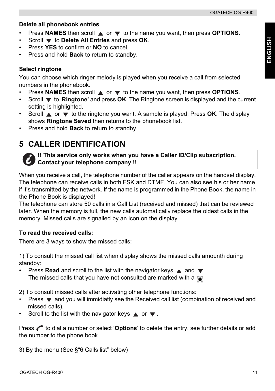 5 caller identification | Topcom OGATECH OG-R400 User Manual | Page 11 / 128