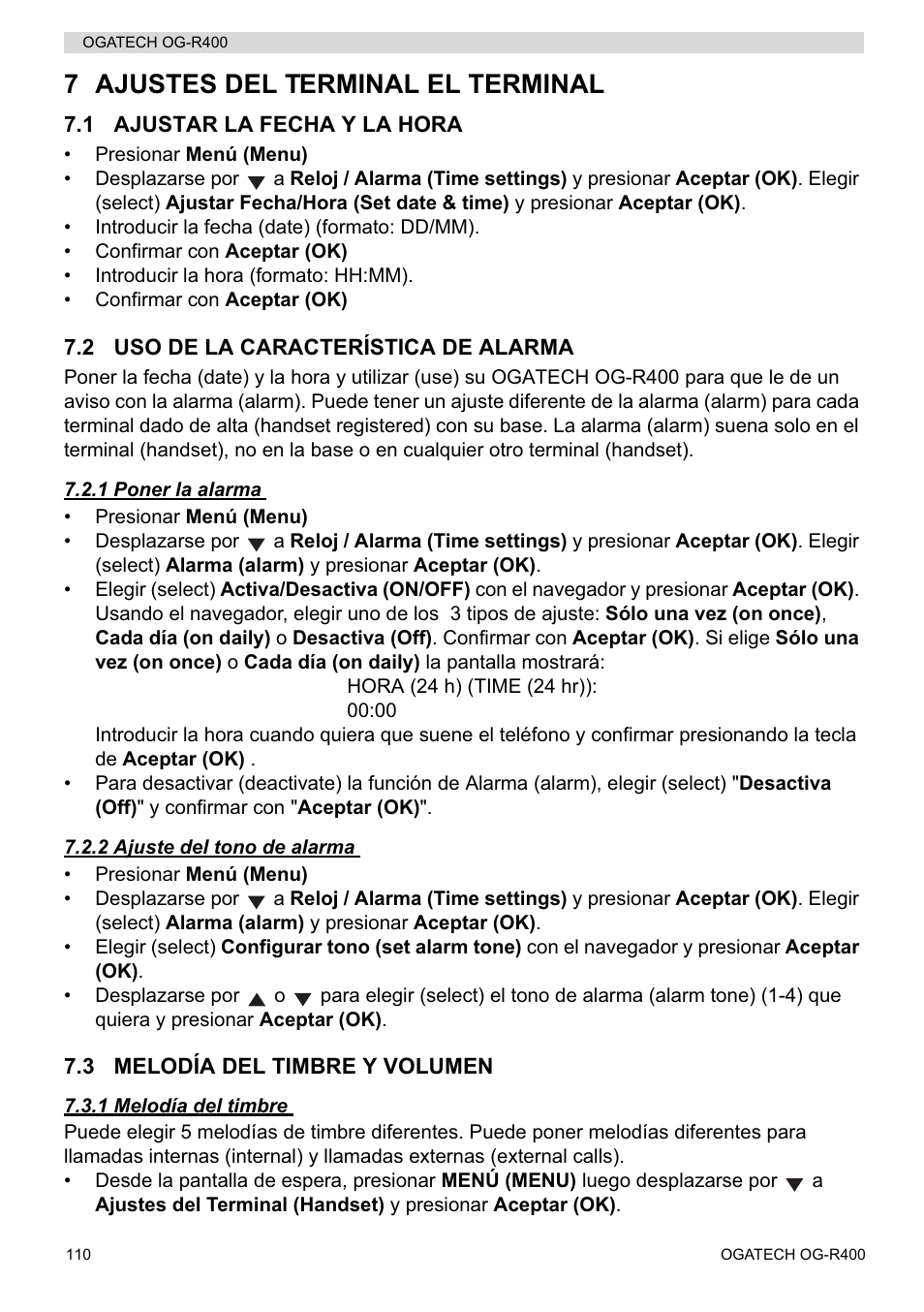 7 ajustes del terminal el terminal | Topcom OGATECH OG-R400 User Manual | Page 110 / 128