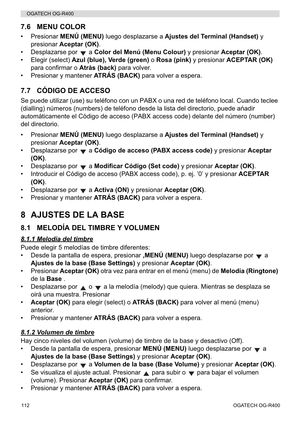 8 ajustes de la base | Topcom OGATECH OG-R400 User Manual | Page 112 / 128
