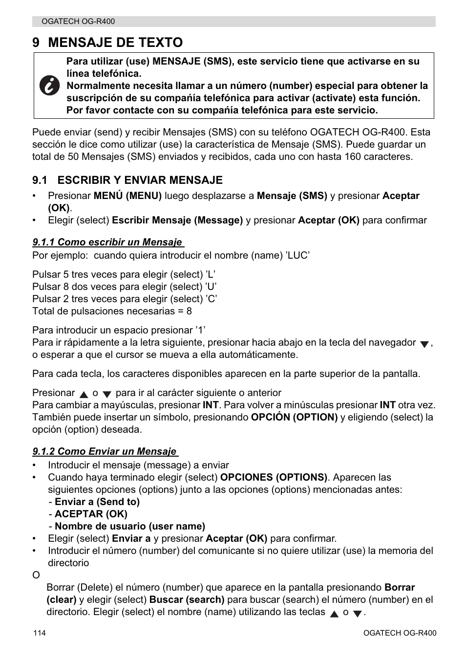 9 mensaje de texto | Topcom OGATECH OG-R400 User Manual | Page 114 / 128
