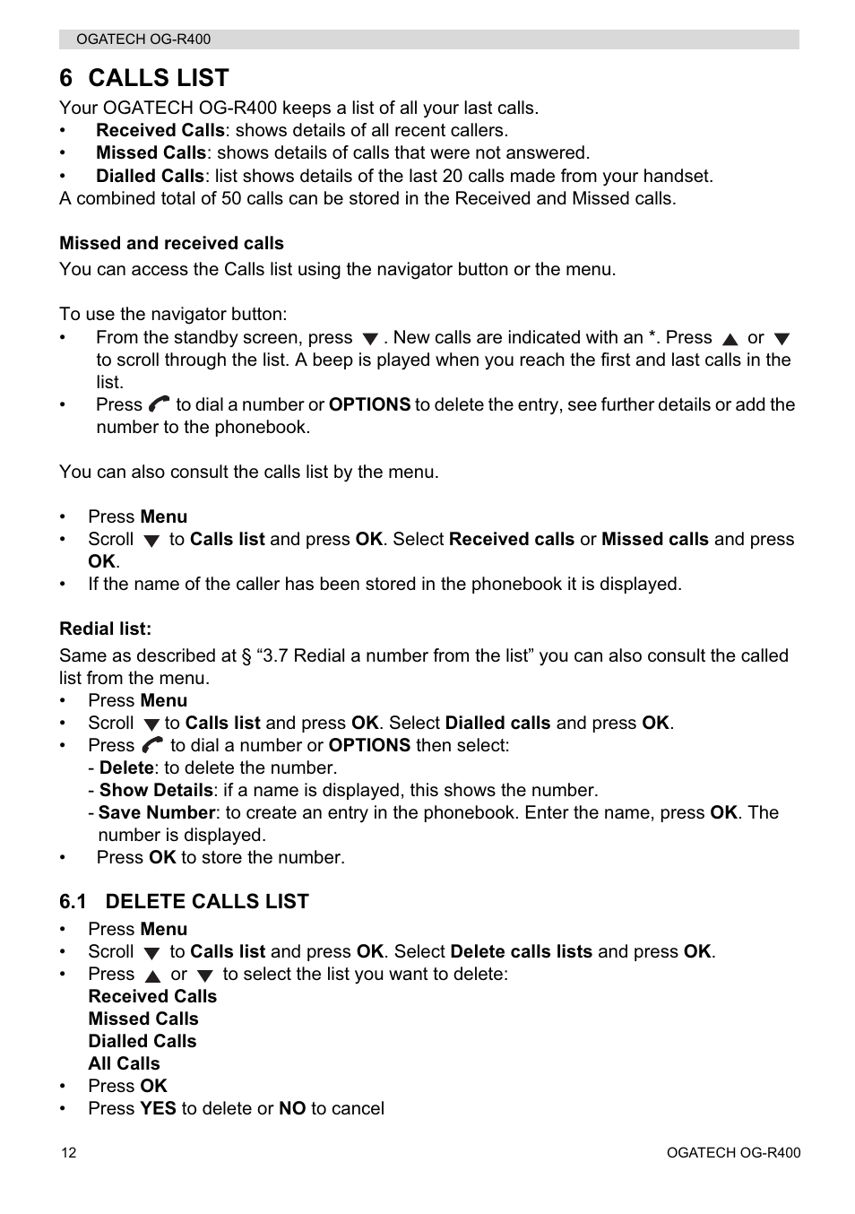 6 calls list | Topcom OGATECH OG-R400 User Manual | Page 12 / 128