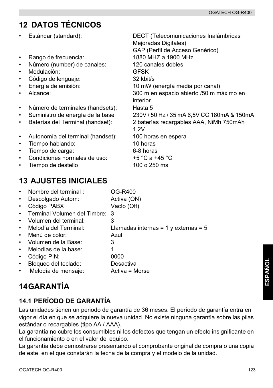 12 datos técnicos, 13 ajustes iniciales, 14garantía | Topcom OGATECH OG-R400 User Manual | Page 123 / 128