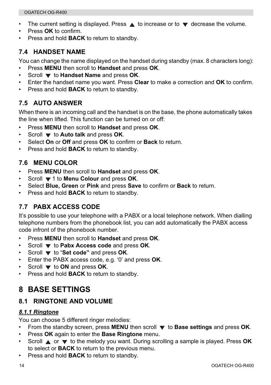8 base settings | Topcom OGATECH OG-R400 User Manual | Page 14 / 128