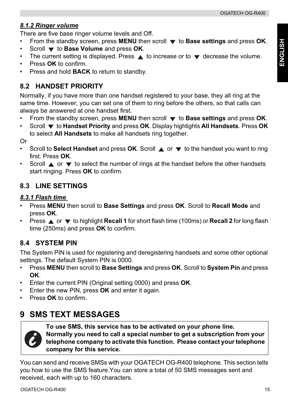 9 sms text messages | Topcom OGATECH OG-R400 User Manual | Page 15 / 128