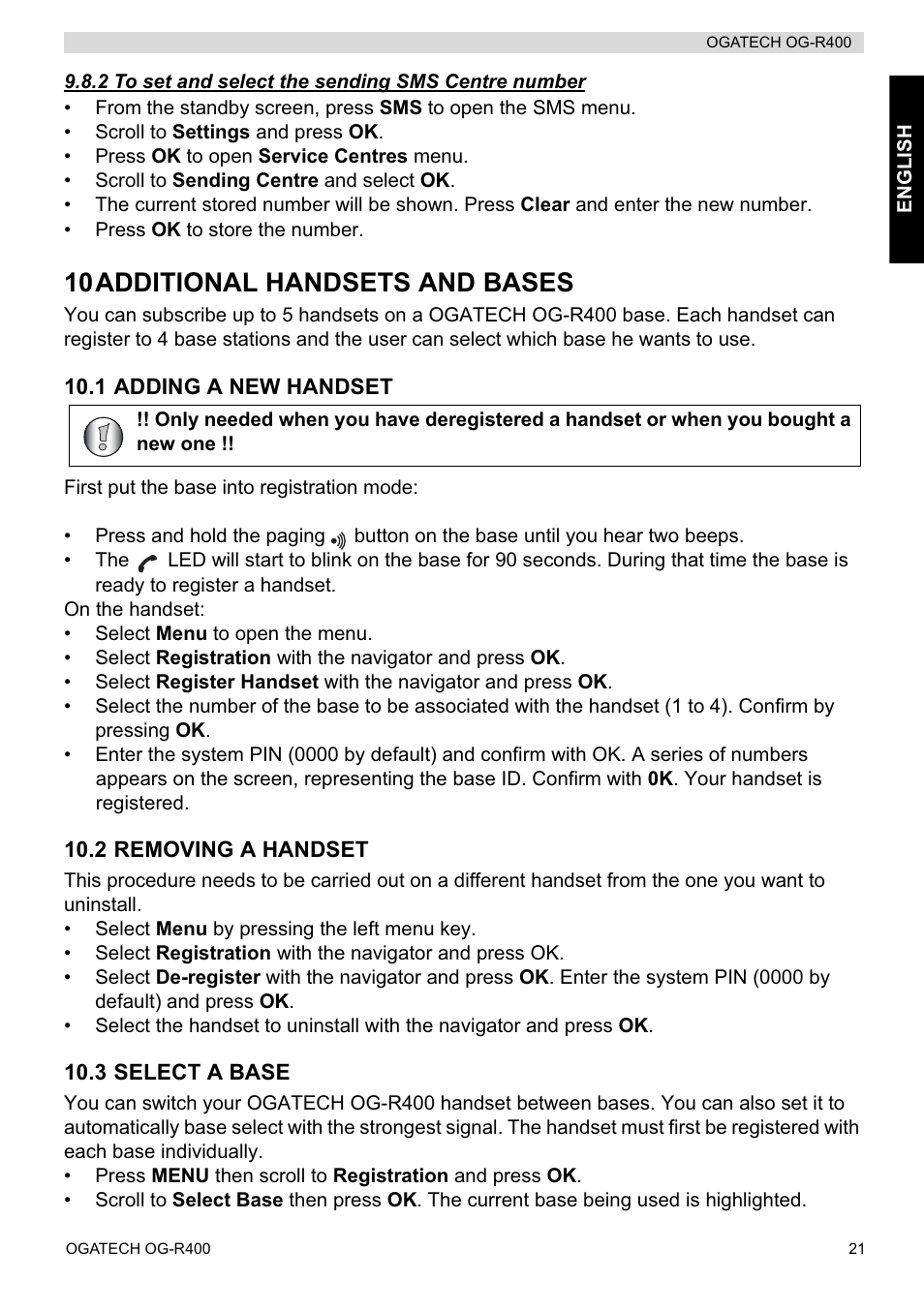 10additional handsets and bases | Topcom OGATECH OG-R400 User Manual | Page 21 / 128