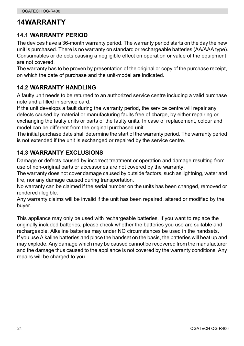 14warranty | Topcom OGATECH OG-R400 User Manual | Page 24 / 128