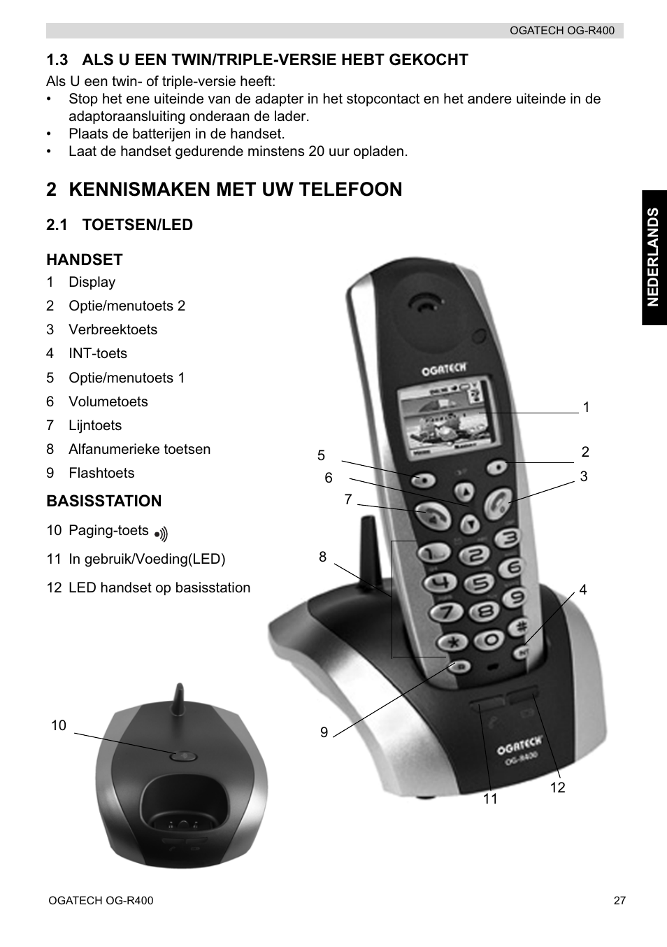 2 kennismaken met uw telefoon | Topcom OGATECH OG-R400 User Manual | Page 27 / 128