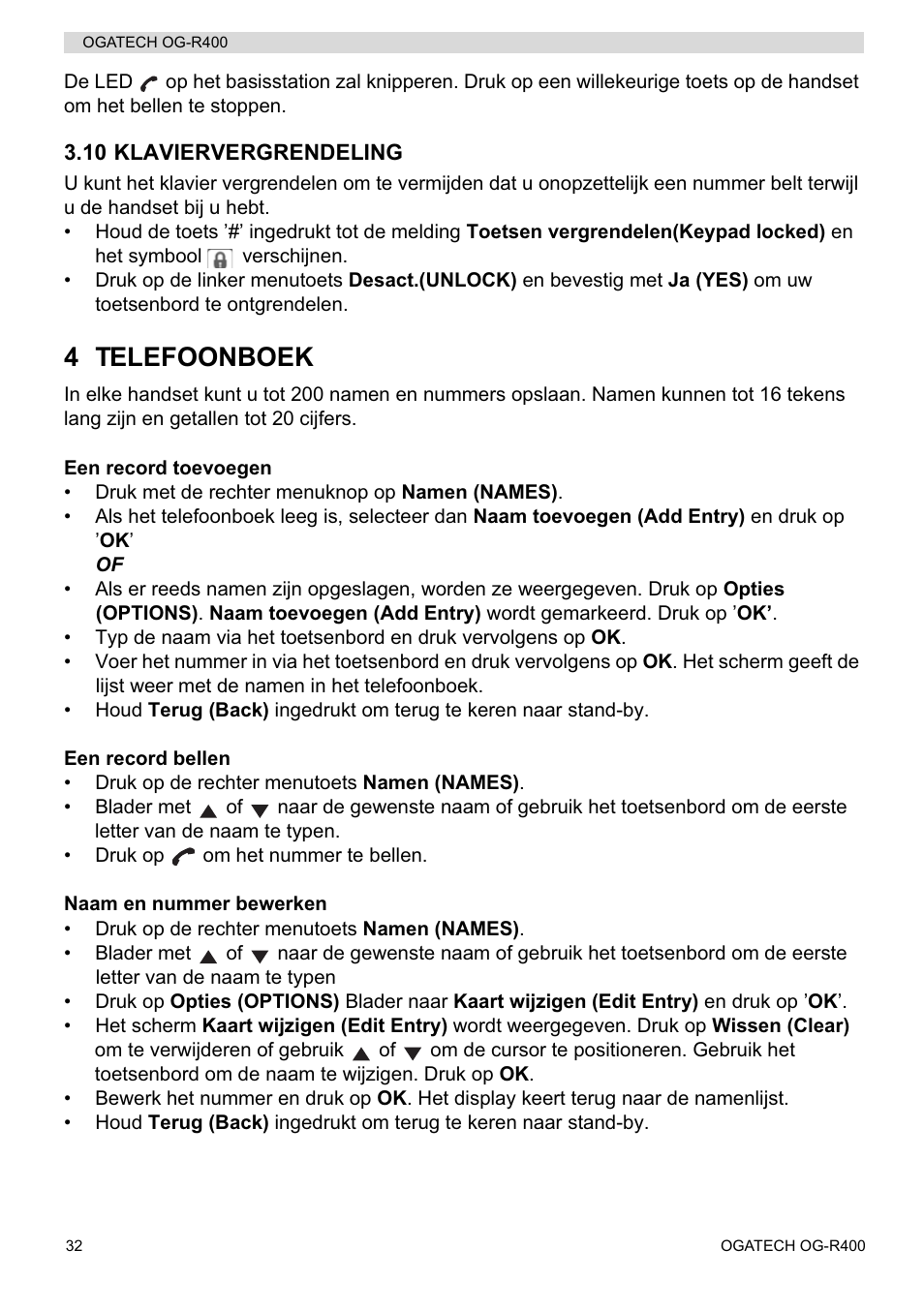 4 telefoonboek | Topcom OGATECH OG-R400 User Manual | Page 32 / 128