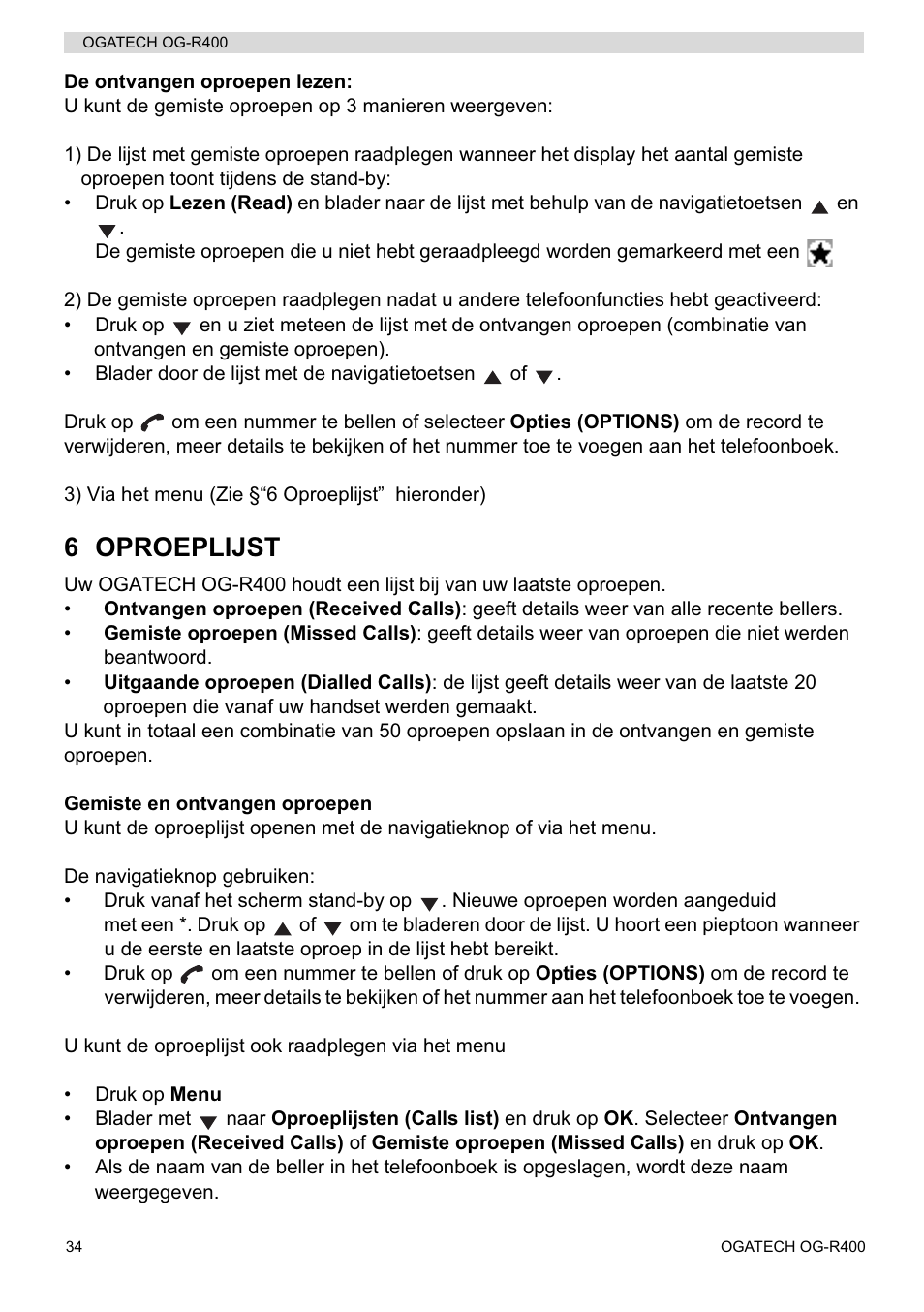 6 oproeplijst | Topcom OGATECH OG-R400 User Manual | Page 34 / 128