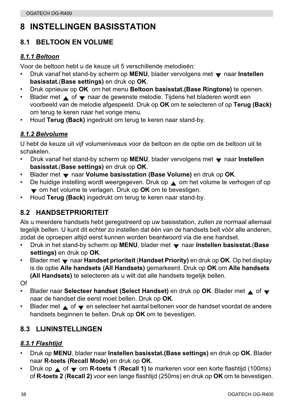 8 instellingen basisstation | Topcom OGATECH OG-R400 User Manual | Page 38 / 128