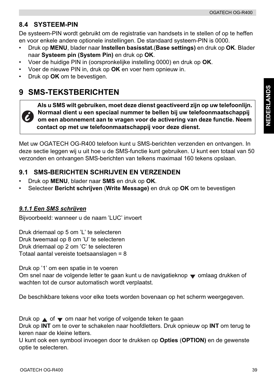 9 sms-tekstberichten | Topcom OGATECH OG-R400 User Manual | Page 39 / 128